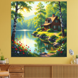 Idyllisches Haus am See im Wald  Canvastryck