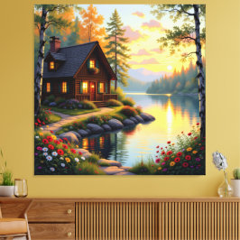 Idyllisches Haus am See im Wald  Canvastryck