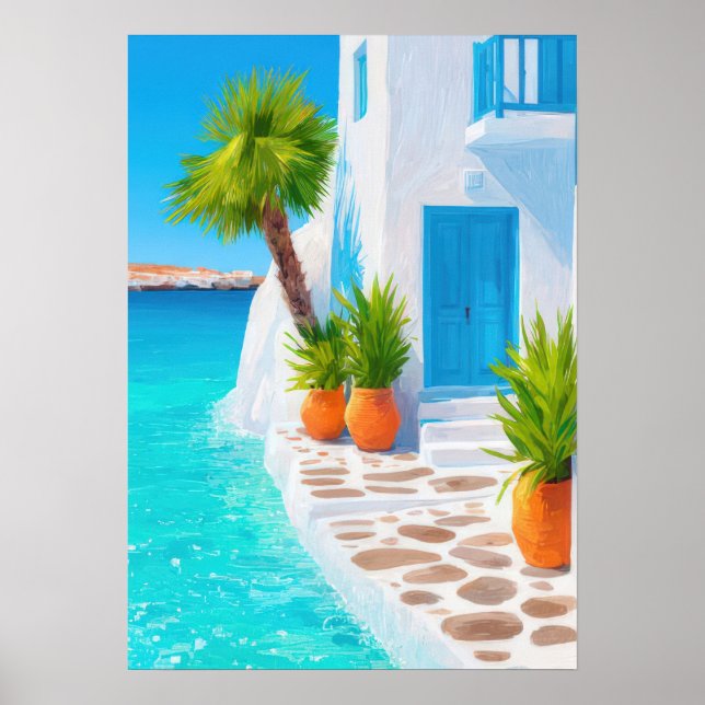 Idyllisk grekisk ö-villa med turkost vatten poster (Framsidan)