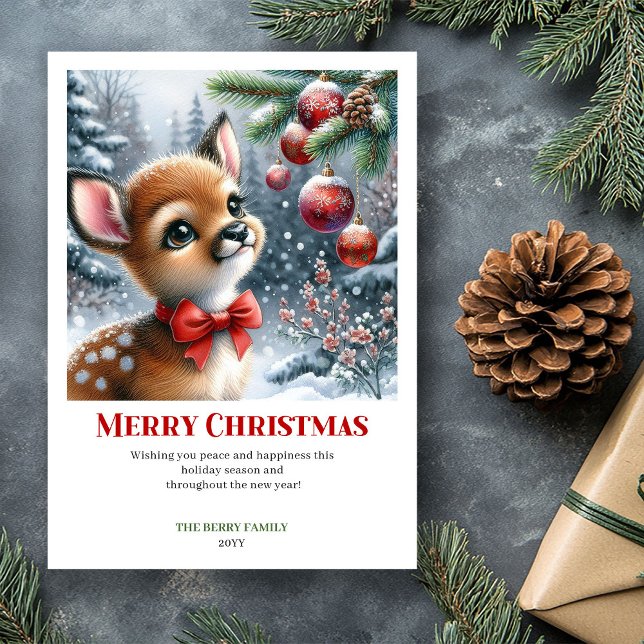 Idyllisk snig skog rådjur vattenfärg jul   julkort (Idyllic Snowy Forest Fawn Watercolor Christmas Christma)