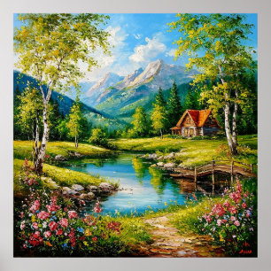 Idyllisk Stuga Vid Bergsström Levande Natur Poster