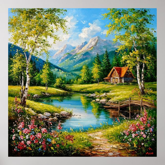 Idyllisk Stuga Vid Bergsström Levande Natur Poster (Framsidan)