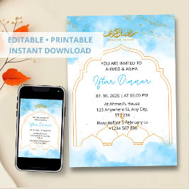 Iftar middagsinbjudan ramadan blå vattenfärg inbjudningar