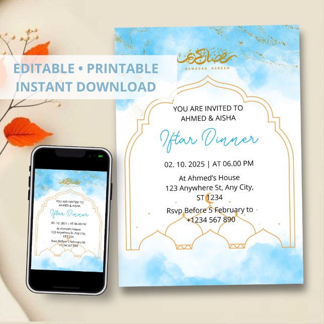 Iftar middagsinbjudan ramadan blå vattenfärg inbjudningar (Skapare uppladdad)