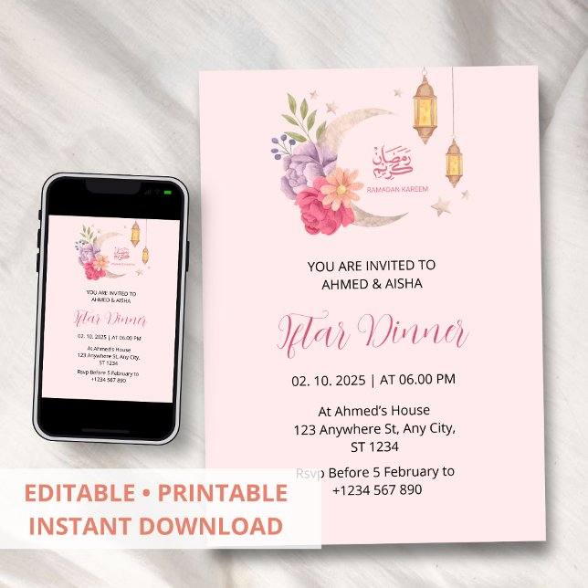 Iftar middagsinbjudan ramadan rosa med måne inbjudningar (Skapare uppladdad)