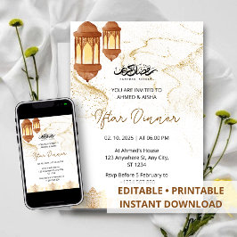 Iftar middagsinbjudan ramadan vattencolor guld inbjudningar