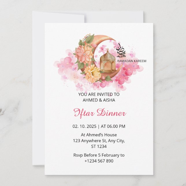 Iftar middagsinbjudan ramadan vattenfärgsrosa inbjudningar (Framsida)