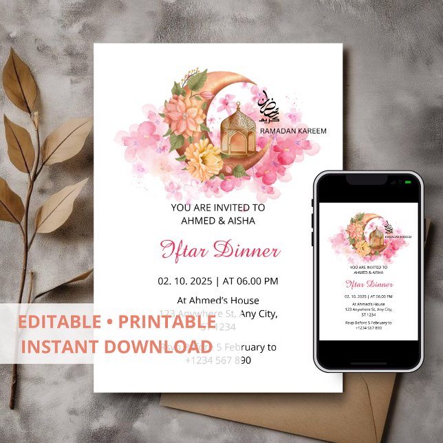 Iftar middagsinbjudan ramadan vattenfärgsrosa inbjudningar (Skapare uppladdad)