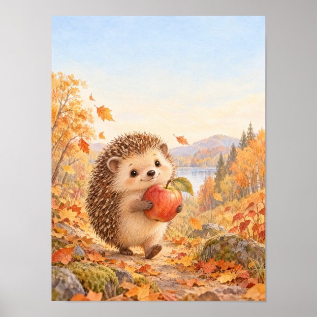 Igel mit rotem Apfel auf dem Waldweg – Poster (Framsidan)