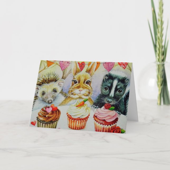 Igelkott Kanin Skunk & Cupcakes Akvarell Konst Kort (Framsida)