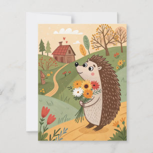 Igelkott med blommor folklig konst vykort
