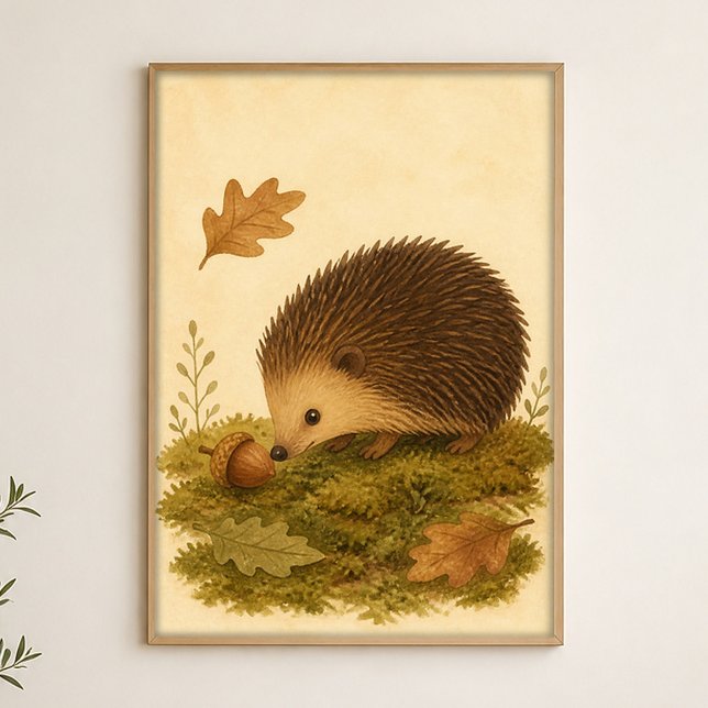 Igelkott och ekollon akvarell fantasifull affisch (Shown framed for scale. Poster ships unframed; frames are an optional add-on.)