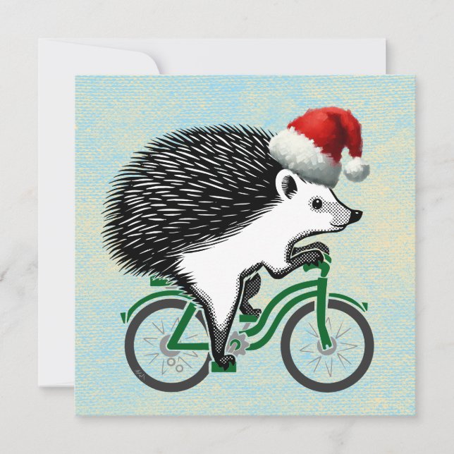 Igelkott Ridande På Cykel Med Santa Hatt Julkort (Framsida)