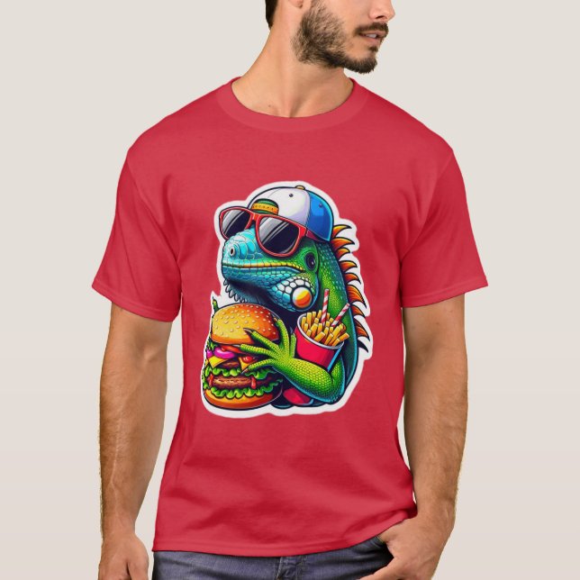 IGUANA EATING CHEESEBURGER 4 T SHIRT (Framsida)