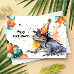 Iguana med ballonger och Party Hat Grattis på föde Kort