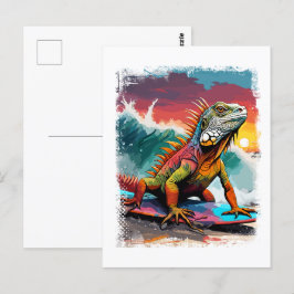 Iguana Surfing Cute Colorful Tecknad Illustration Vykort