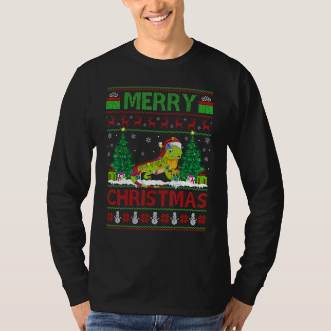 Iguana   Xmas Tree Lights Ugly Santa Iguana Christ T Shirt (Framsida)