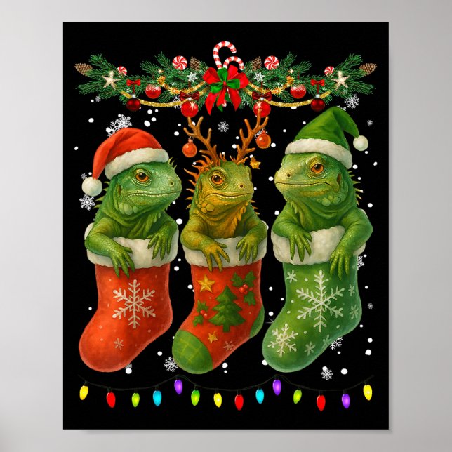Iguanas In Christmas Socks Lights Iguanas Xmas  Poster (Framsidan)