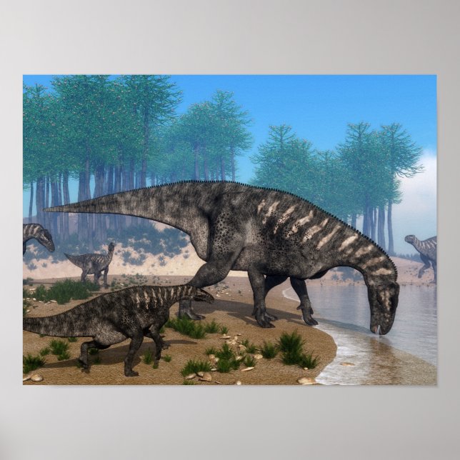Iguanodon dinosaurs-besättning vid kustlinjen poster (Framsidan)