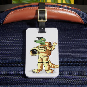 Iguanodon tryckt i en kosmonaut-spacesuit. bagagebricka