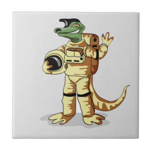 Iguanodon tryckt i en kosmonaut-spacesuit. kakelplatta