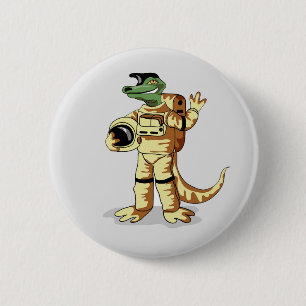 Iguanodon tryckt i en kosmonaut-spacesuit. knapp