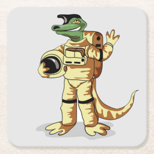 Iguanodon tryckt i en kosmonaut-spacesuit. underlägg papper kvadrat