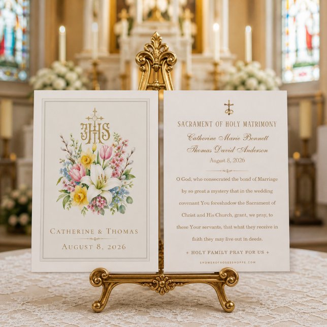 IHS Katolsk Bröllopsbön Kort Vigsel Suvenir (A timeless Catholic wedding prayer card, placing Christ at the center of holy matrimony.)