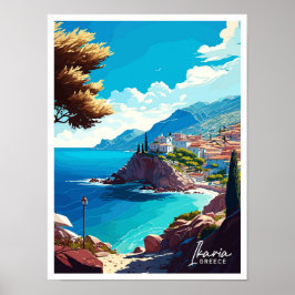 Ikaria Greece Travel Vintage Illustration Poster