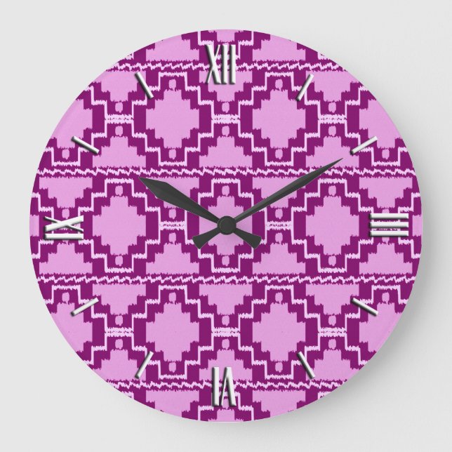 Ikat Aztec Mönster - Amethyst Lila and Violet Stor Klocka (Framsida)