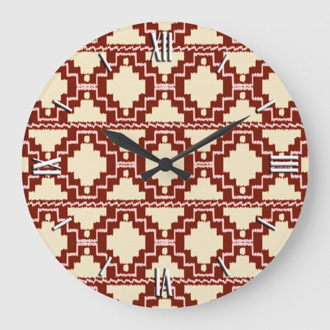 Ikat Aztec mönster - beige, Burgundy och rosa Stor Klocka (Framsida)