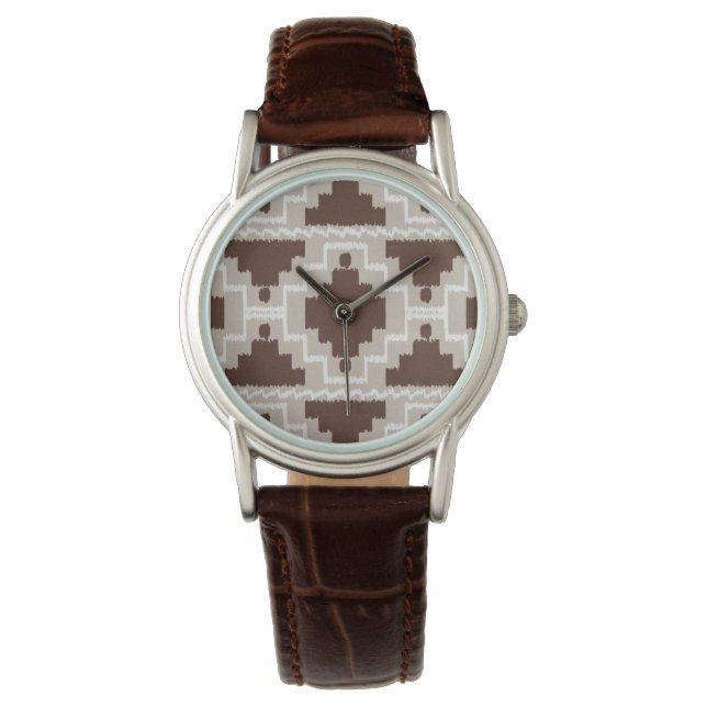 Ikat Aztec Mönster - Chocolate Brown och Taupe Armbandsur (Framsida)