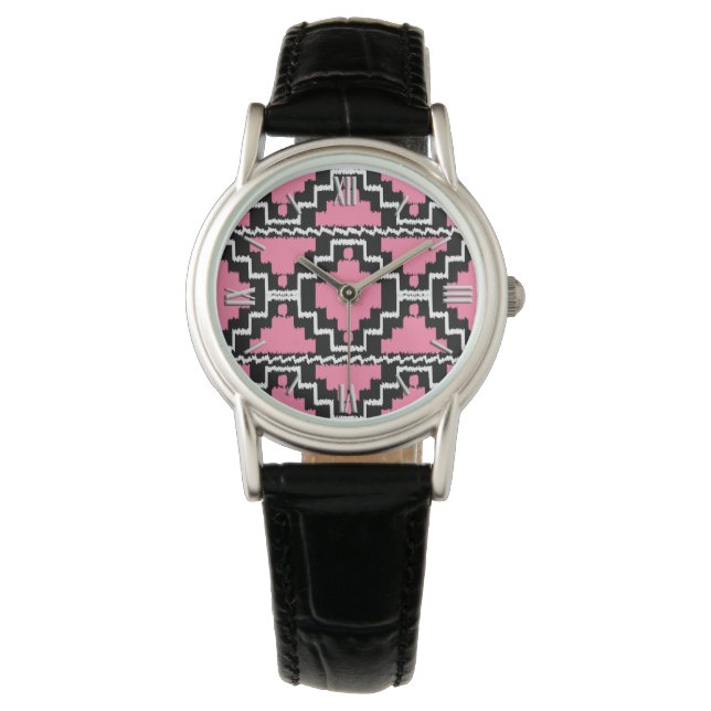 Ikat Aztec Mönster - Fuchsia Rosa, Black and White Armbandsur (Framsida)