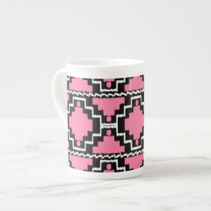 Ikat Aztec Mönster - Fuchsia Rosa, Black and White Benporslin Mugg