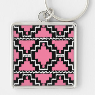 Ikat Aztec Mönster - Fuchsia Rosa, Black and White Fyrkantig Silverfärgad Nyckelring