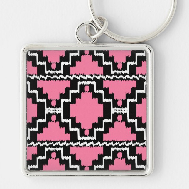 Ikat Aztec Mönster - Fuchsia Rosa, Black and White Fyrkantig Silverfärgad Nyckelring (Framsidan)