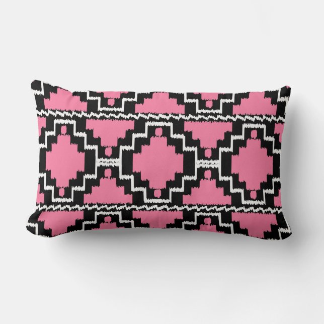 Ikat Aztec Mönster - Fuchsia Rosa, Black and White Lumbarkudde (Framsida)