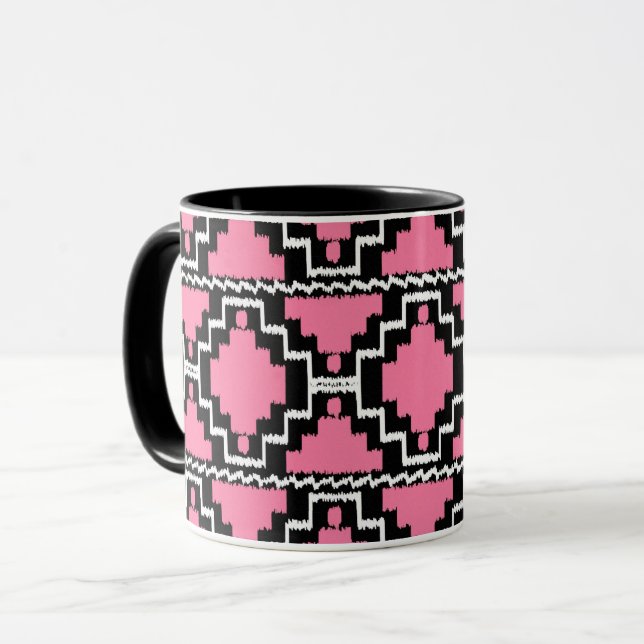 Ikat Aztec Mönster - Fuchsia Rosa, Black and White Mugg (Framsida vänster)