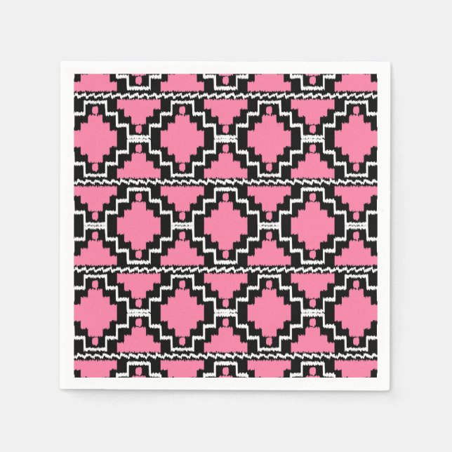 Ikat Aztec Mönster - Fuchsia Rosa, Black and White Pappersservett (Framsidan)