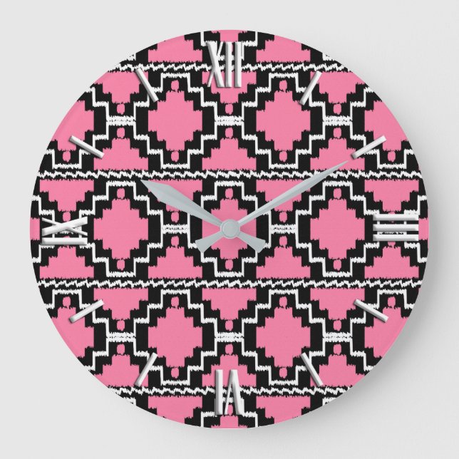 Ikat Aztec Mönster - Fuchsia Rosa, Black and White Stor Klocka (Framsida)
