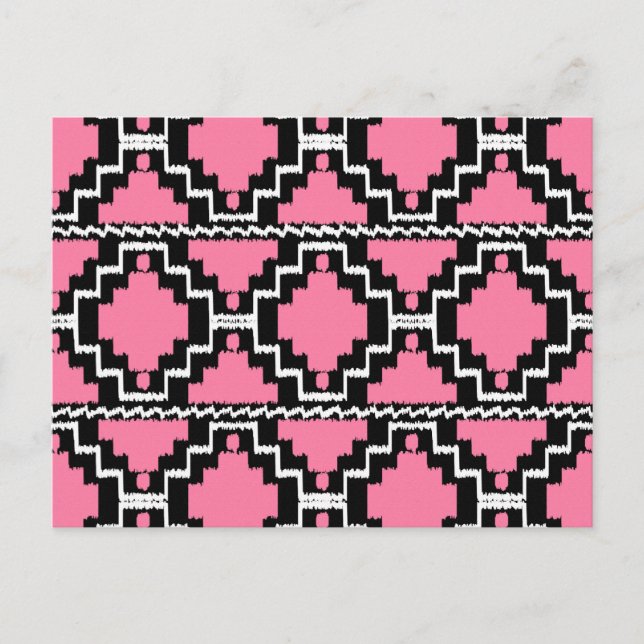 Ikat Aztec Mönster - Fuchsia Rosa, Black and White Vykort (Framsida)