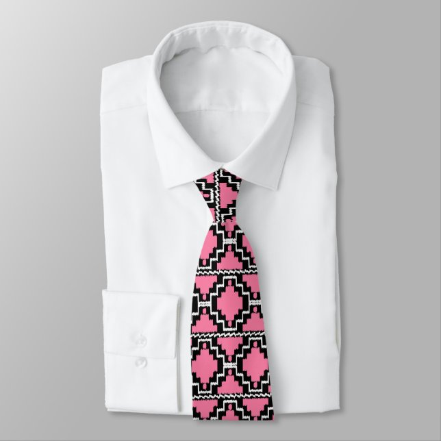 Ikat Aztec-mönster - Fuchsia Rosa, Svart och Vit Slips (Bunden)