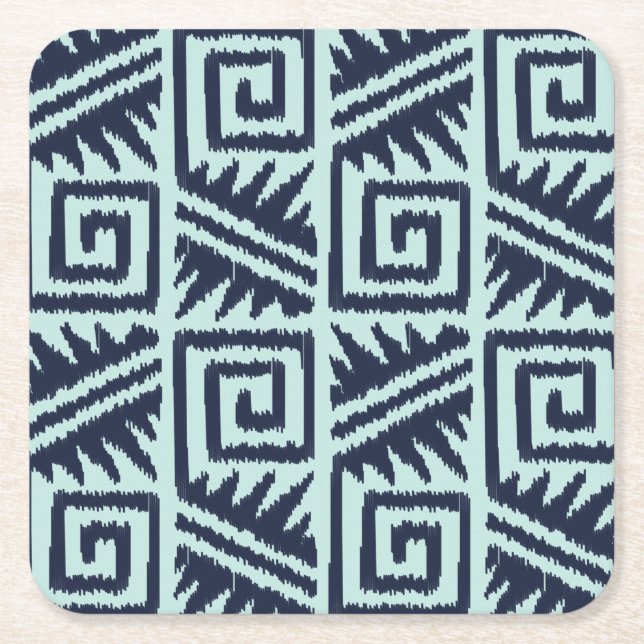 Ikat Aztec Mönster - Indigo och Light Blue Underlägg Papper Kvadrat (Framsidan)