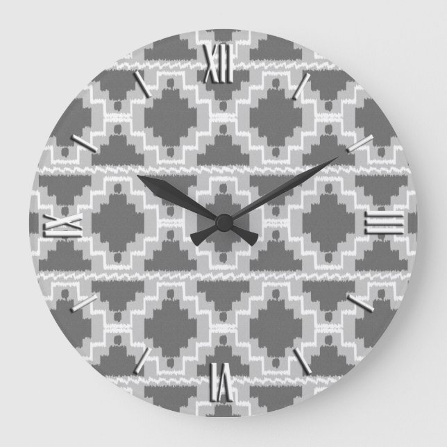 Ikat Aztec-mönster - Mörk och ljusgrå Stor Klocka (Framsida)
