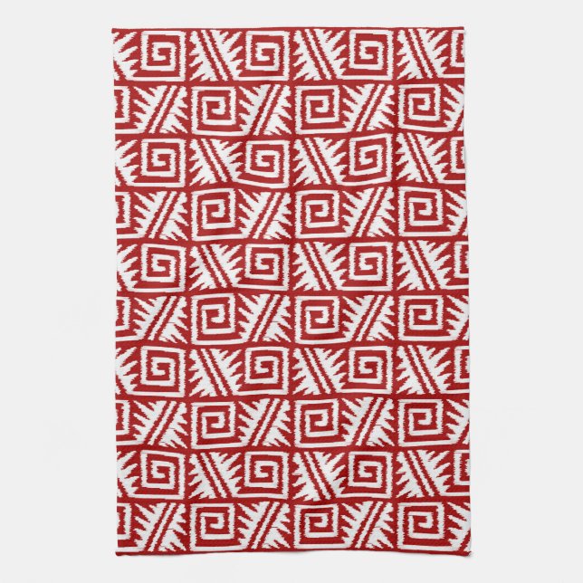 Ikat Aztec Mönster - Mörk Red and White Kökshandduk (Vertikal)