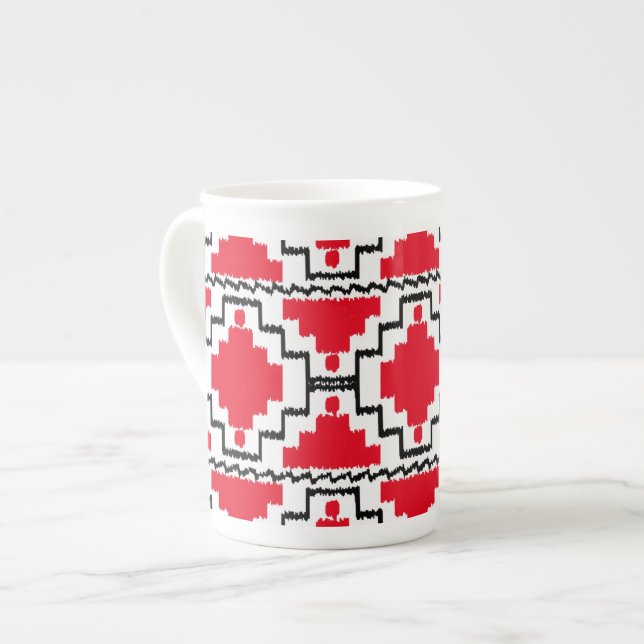 Ikat Aztec Mönster - Red, Black and White Benporslin Mugg (Framsida vänster)