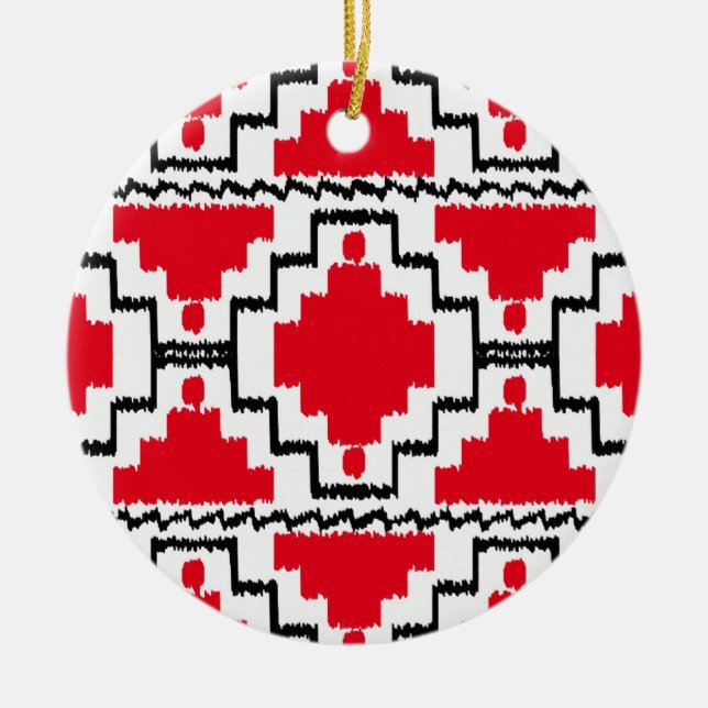 Ikat Aztec Mönster - Red, Black and White Julgransprydnad Keramik (Framsidan)