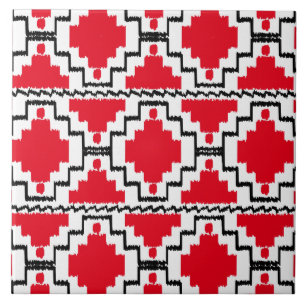 Ikat Aztec Mönster - Red, Black and White Kakelplatta