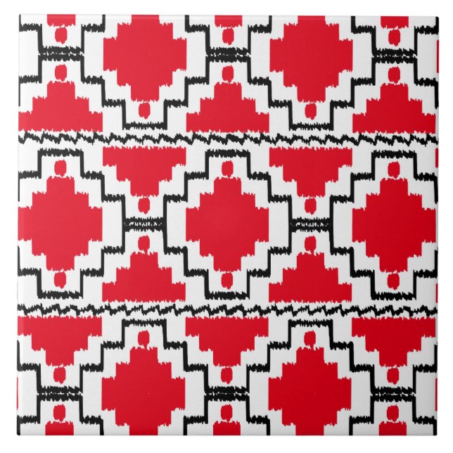 Ikat Aztec Mönster - Red, Black and White Kakelplatta (Framsidan)