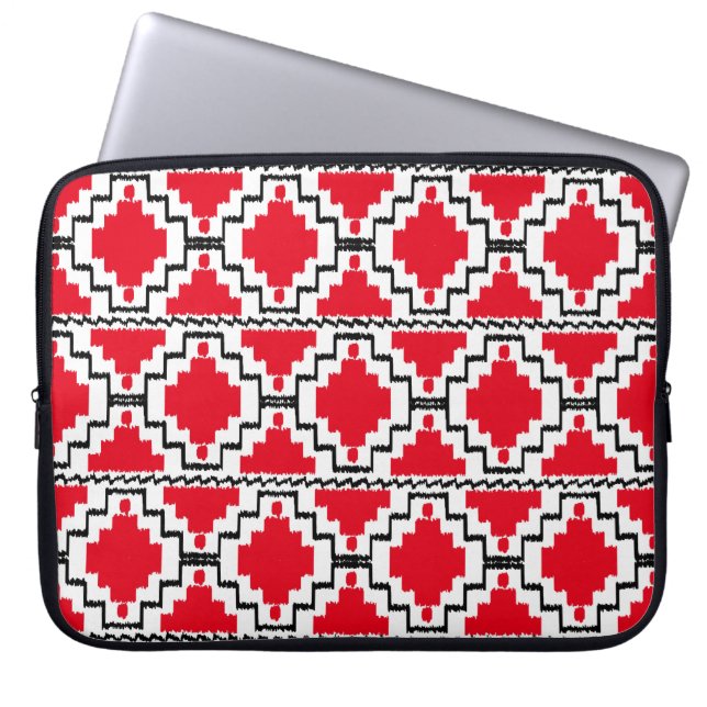Ikat Aztec Mönster - Red, Black and White Laptop Sleeve (Framsidan)